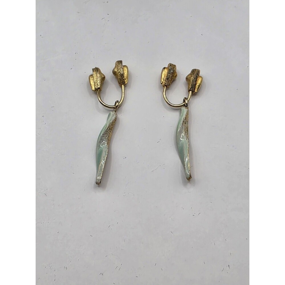 Vtg Goldtone W/ Enamel Blue green Clip-on Drop Earrings 1 1/4"